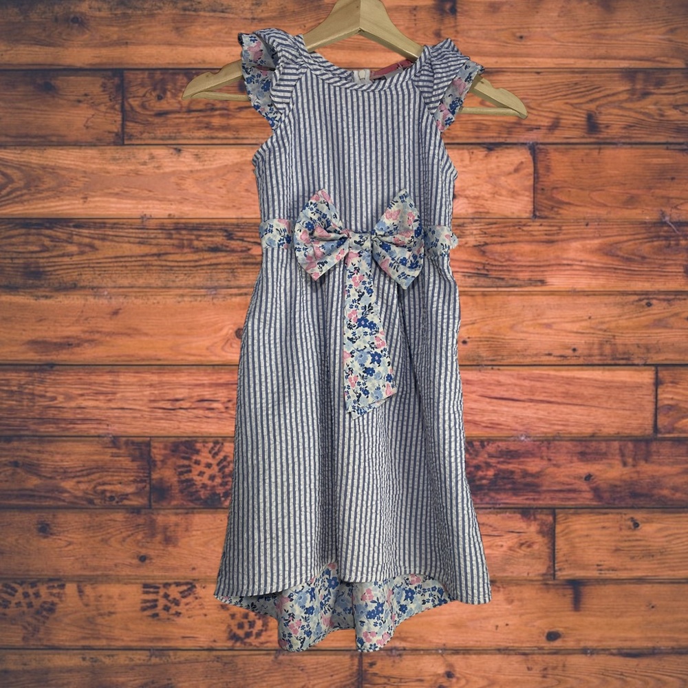 5 for $25🔥2 Hip Vertical Striped Floral Bow Waist Dress Girls‎ Size 6